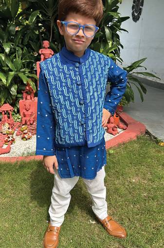 Royal blue embroidered pure chanderi kurta jacket set