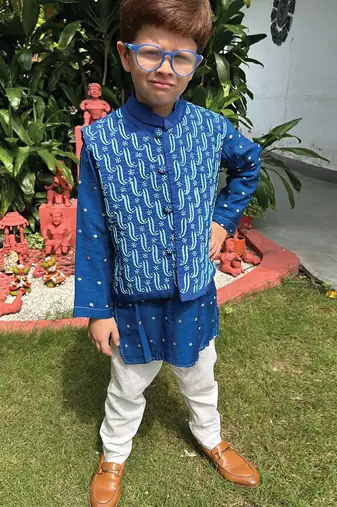 Royal blue embroidered pure chanderi kurta jacket set