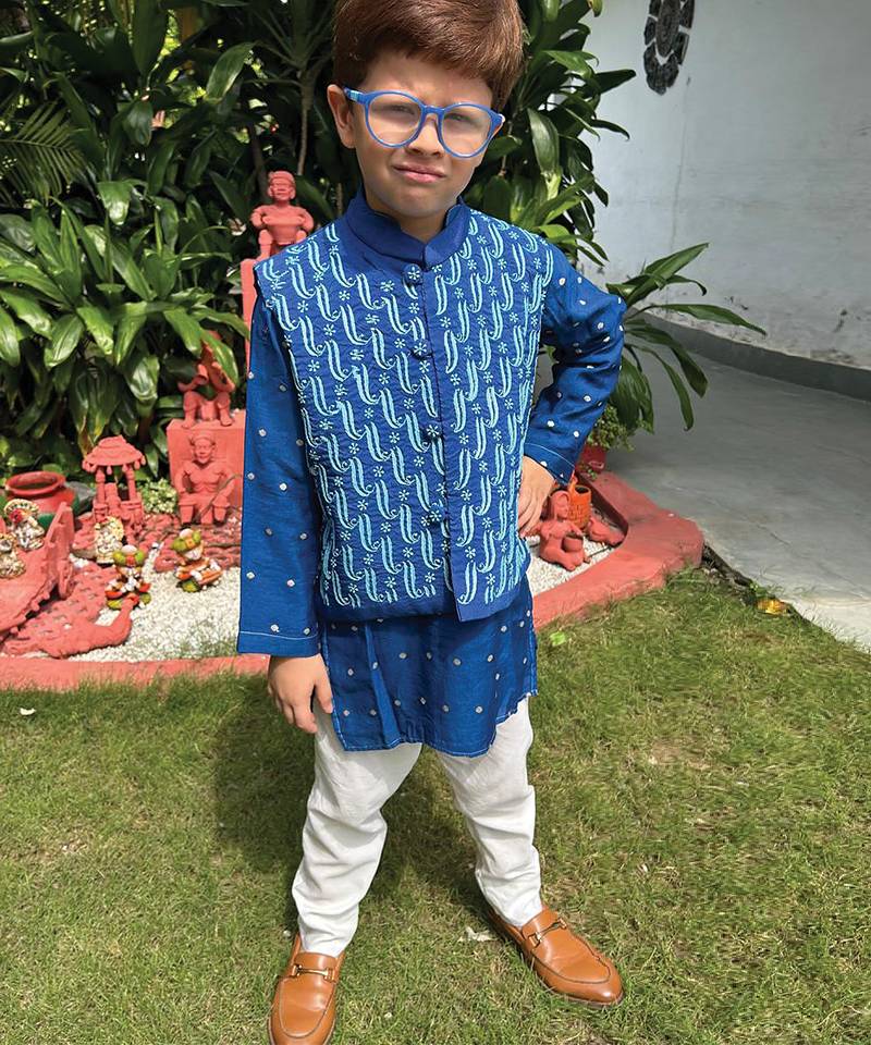 Royal blue embroidered pure chanderi kurta jacket set