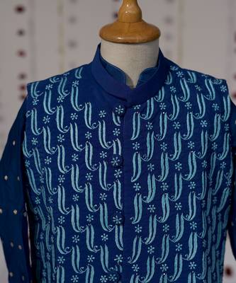 Royal blue embroidered pure chanderi kurta jacket set 2