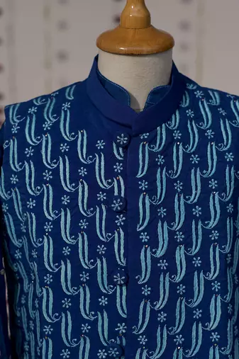 Royal blue embroidered pure chanderi kurta jacket set
