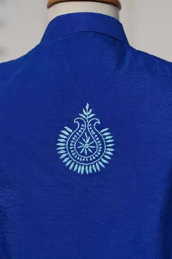 Royal blue embroidered pure chanderi kurta jacket set