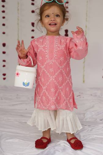 Pink embroidered pure chanderi sharara set