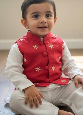 Red embroidered pure chanderi kurta jacket set 1