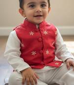 Red embroidered pure chanderi kurta jacket set