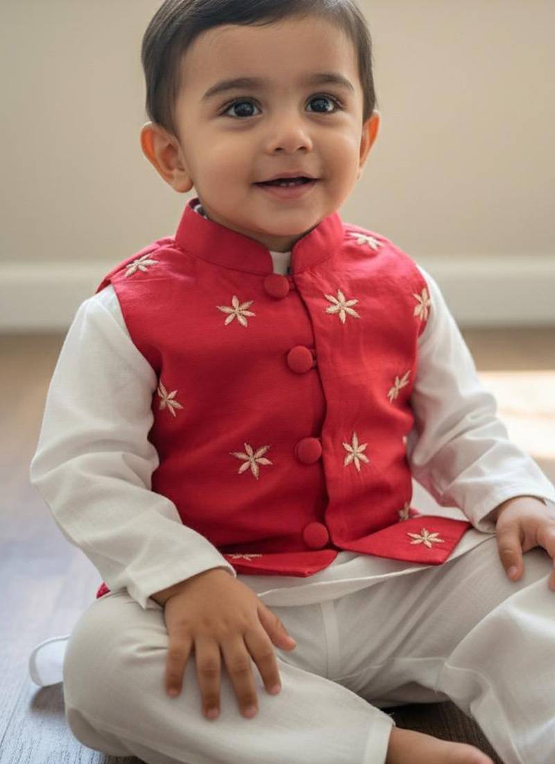 Red embroidered pure chanderi kurta jacket set