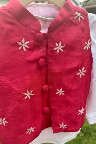 Red embroidered pure chanderi kurta jacket set
