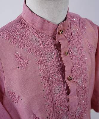 Pink embroidered pure chanderi kurta set 1