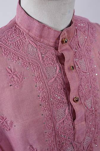 Pink embroidered pure chanderi kurta set