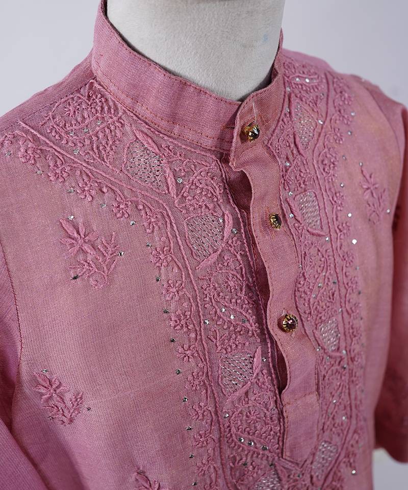 Pink embroidered pure chanderi kurta set