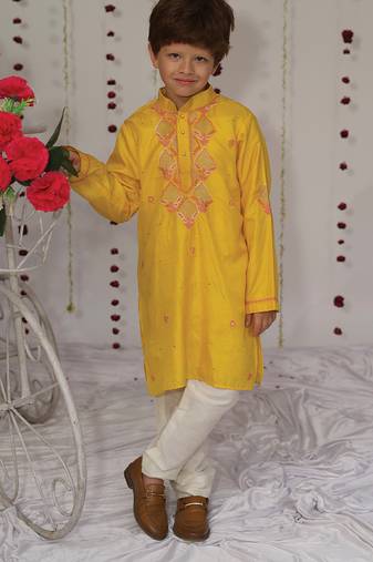 Yellow embroidered pure silk kurta set