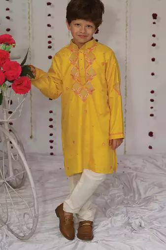 Yellow embroidered pure silk kurta set