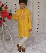 Yellow embroidered pure silk kurta set