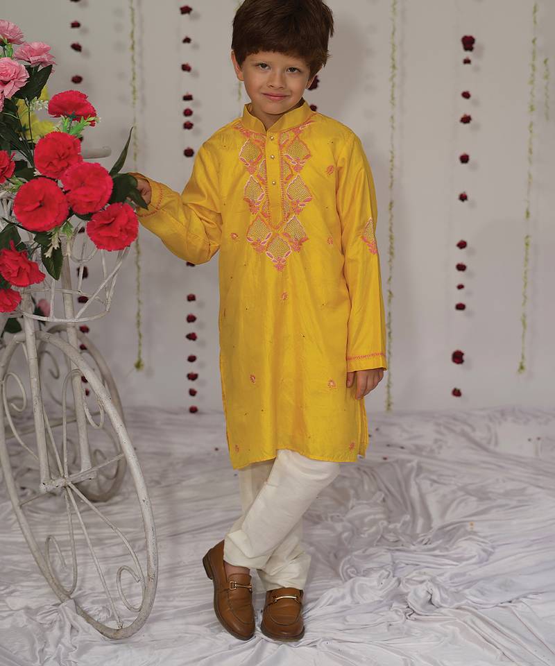 Yellow embroidered pure silk kurta set
