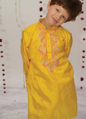 Yellow embroidered pure silk kurta set 2