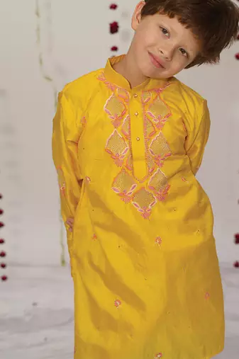 Yellow embroidered pure silk kurta set