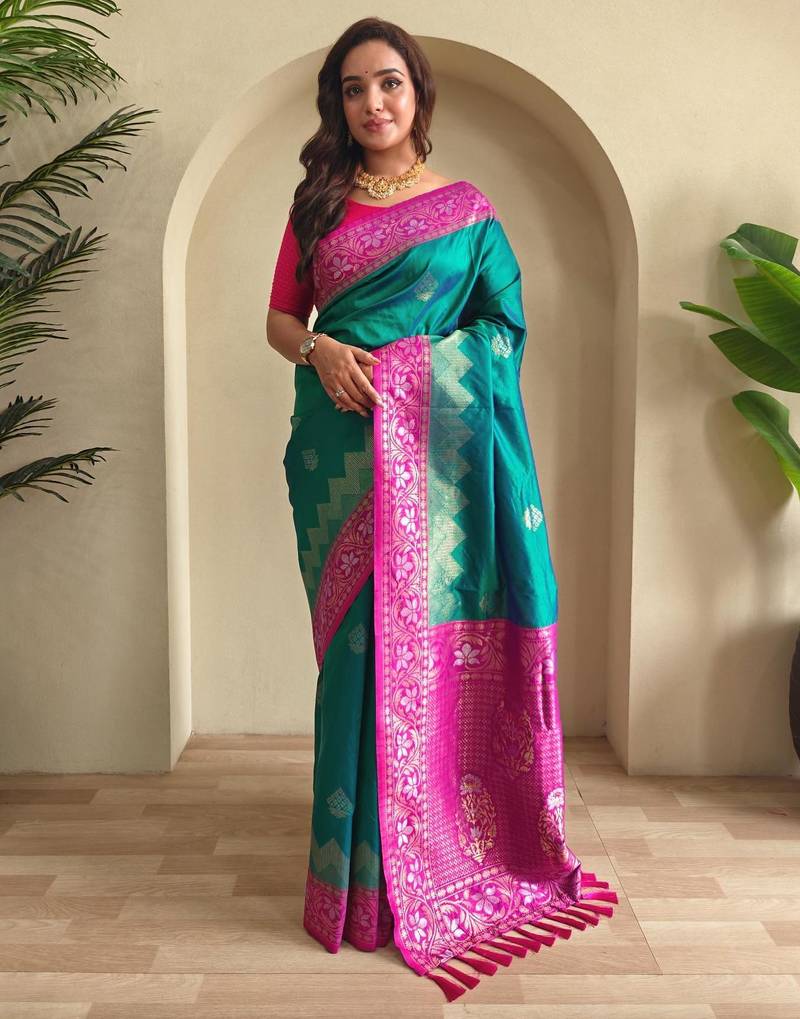 Teal art silk  woven saree