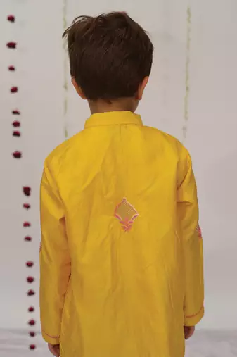 Yellow embroidered pure silk kurta set