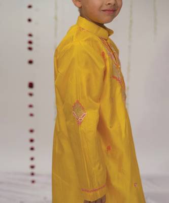 Yellow embroidered pure silk kurta set 4