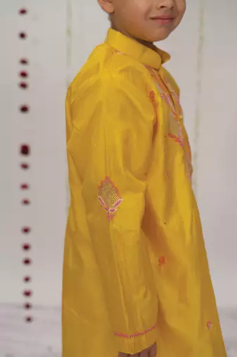 Yellow embroidered pure silk kurta set