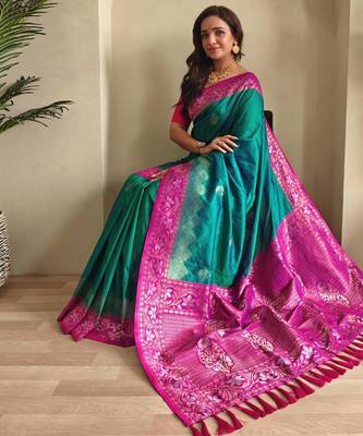 Teal art silk  woven saree 4