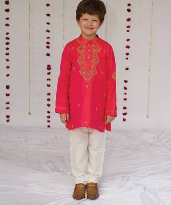 Pink embroidered pure silk kurta set 1