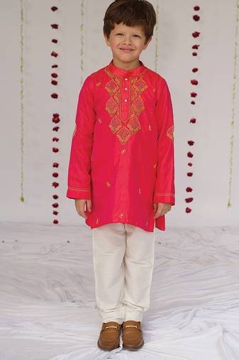 Pink embroidered pure silk kurta set