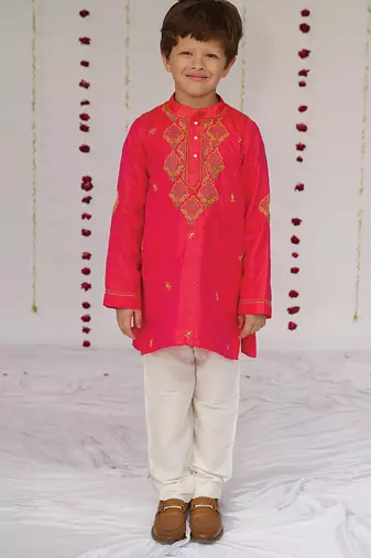 Pink embroidered pure silk kurta set