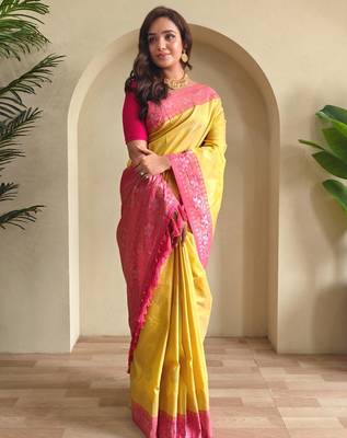 Yellow art silk  woven saree 1