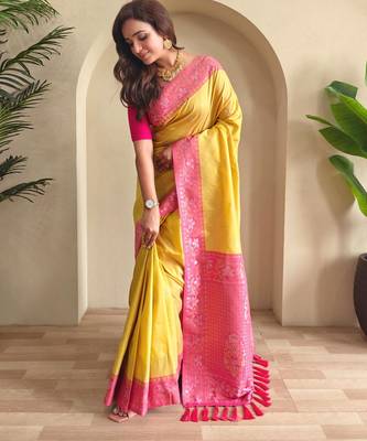 Yellow art silk  woven saree 2
