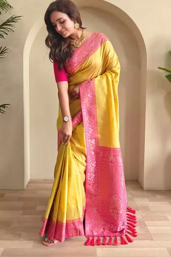 Yellow art silk  woven saree