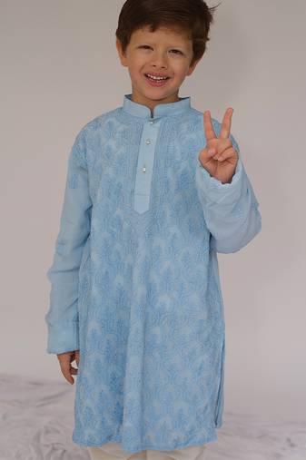 Blue embroidered georgette kurta set