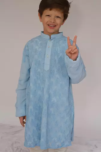Blue embroidered georgette kurta set