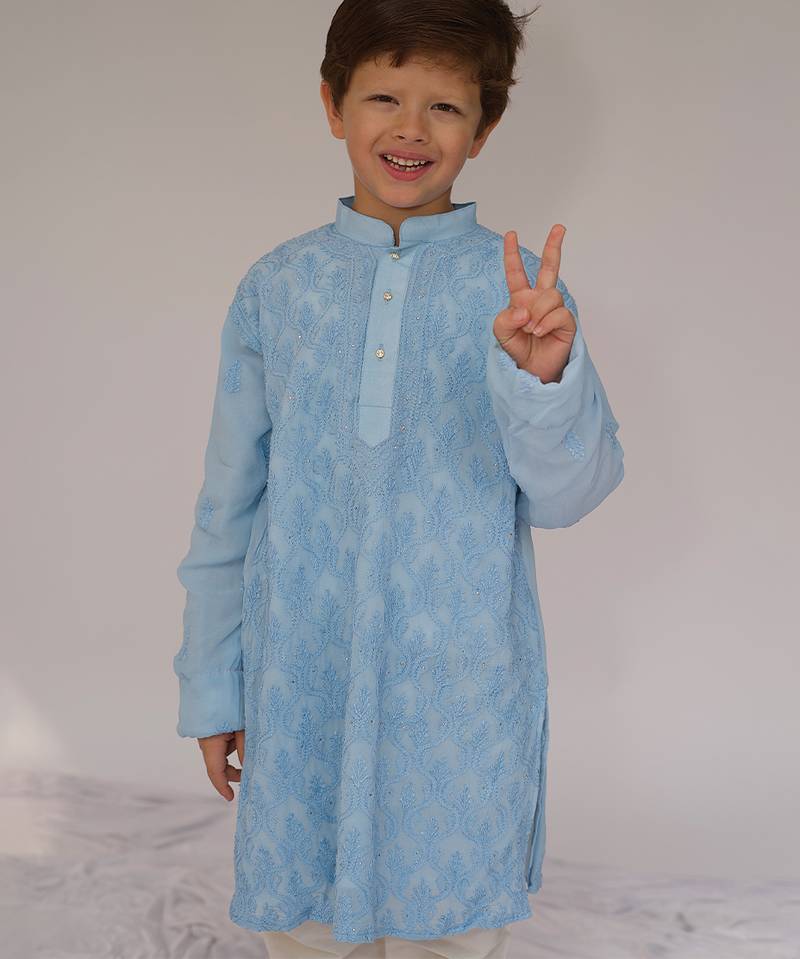 Blue embroidered georgette kurta set