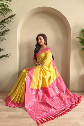 Yellow art silk  woven saree