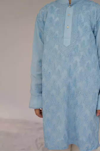 Blue embroidered georgette kurta set