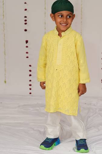 Yellow embroidered georgette kurta set