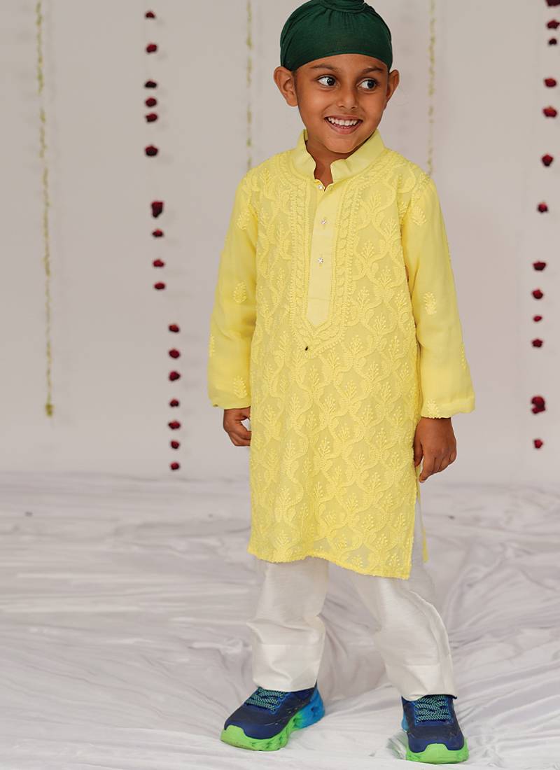 Yellow embroidered georgette kurta set