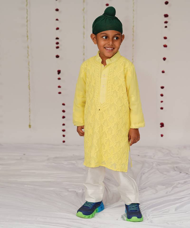 Yellow embroidered georgette kurta set