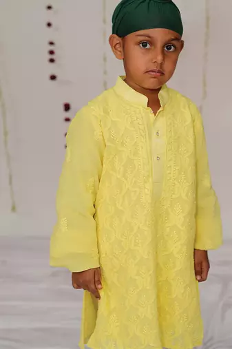 Yellow embroidered georgette kurta set