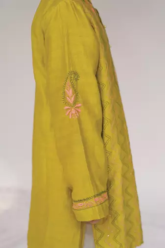 Green embroidered pure chanderi kurta set