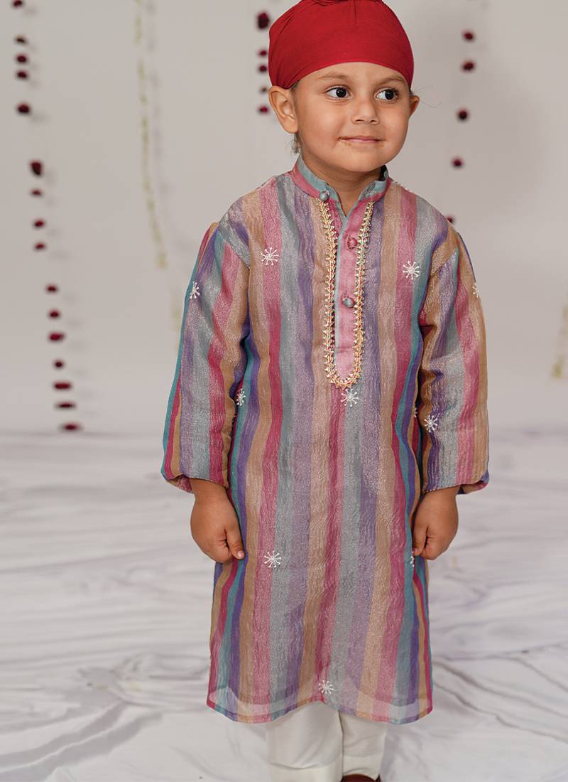 Multicolor embroidered tissue kurta set