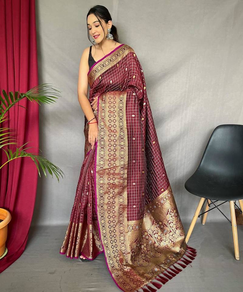 Maroon art silk  woven saree
