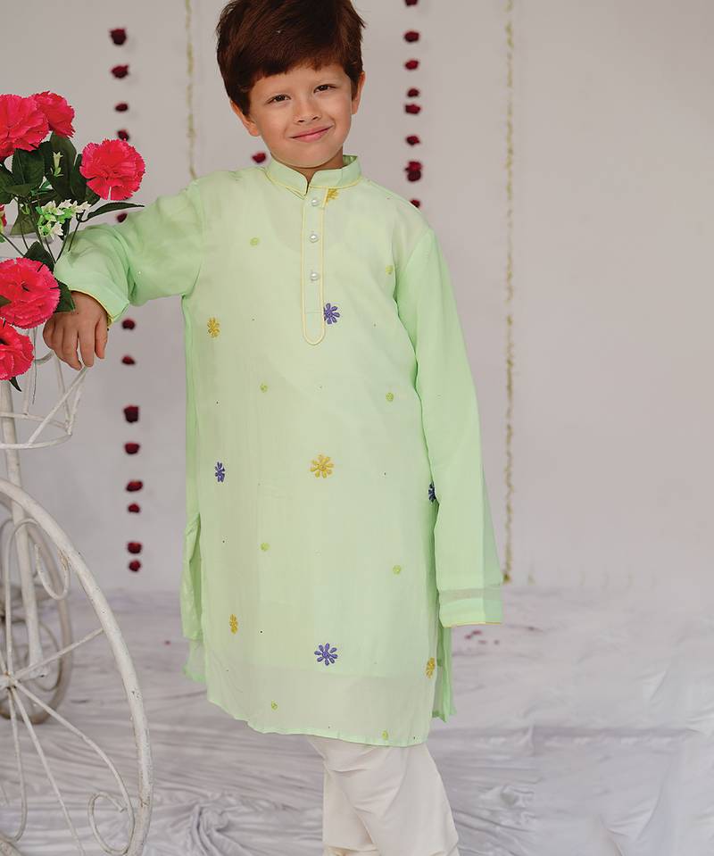 Mint Green embroidered tissue kurta set