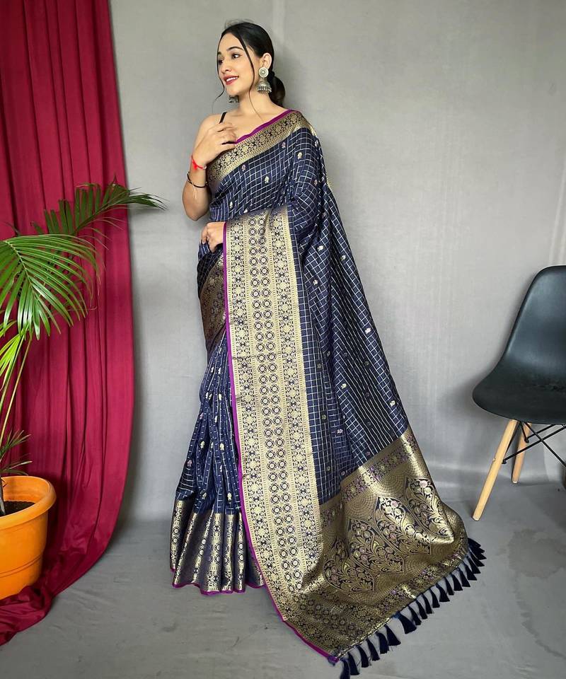 Navy blue art silk  woven saree