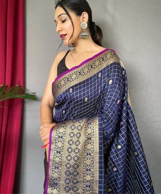 Navy blue art silk  woven saree 3