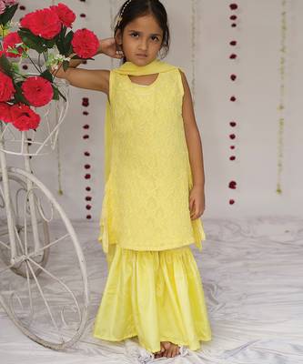 Yellow embroidered georgette sharara set 1