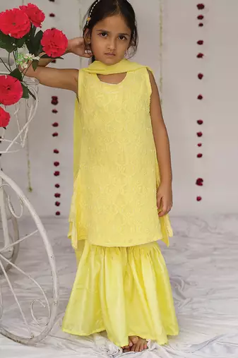 Yellow embroidered georgette sharara set