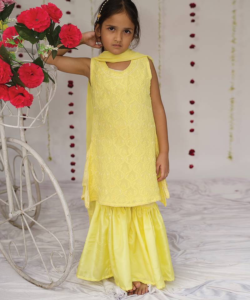 Yellow embroidered georgette sharara set
