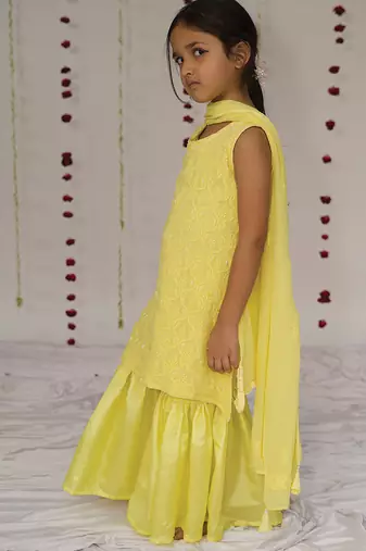 Yellow embroidered georgette sharara set
